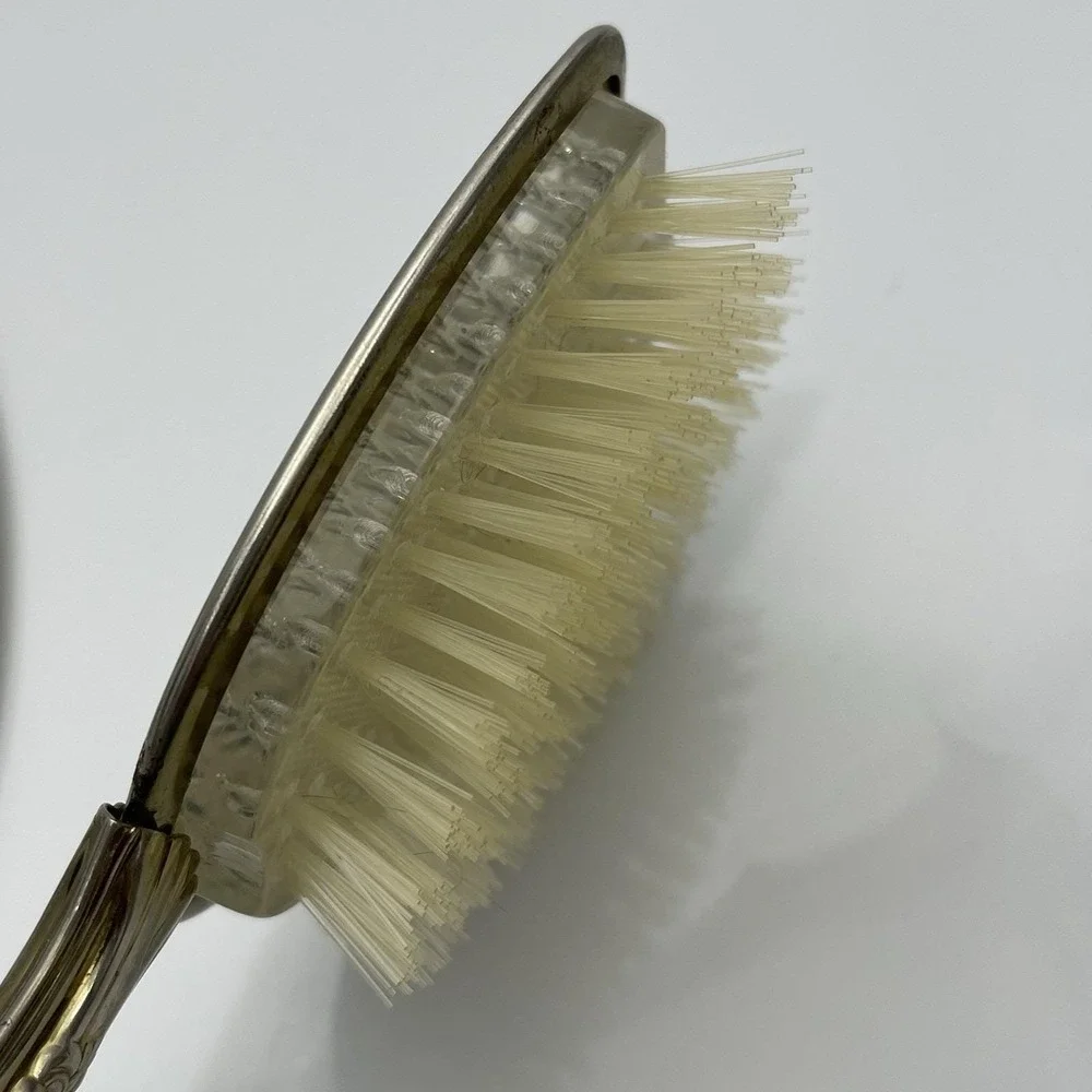 Vintage 60s Gold Tone Ornate Laced Vanity Dresser Hand Mirror Brush Set Made USA